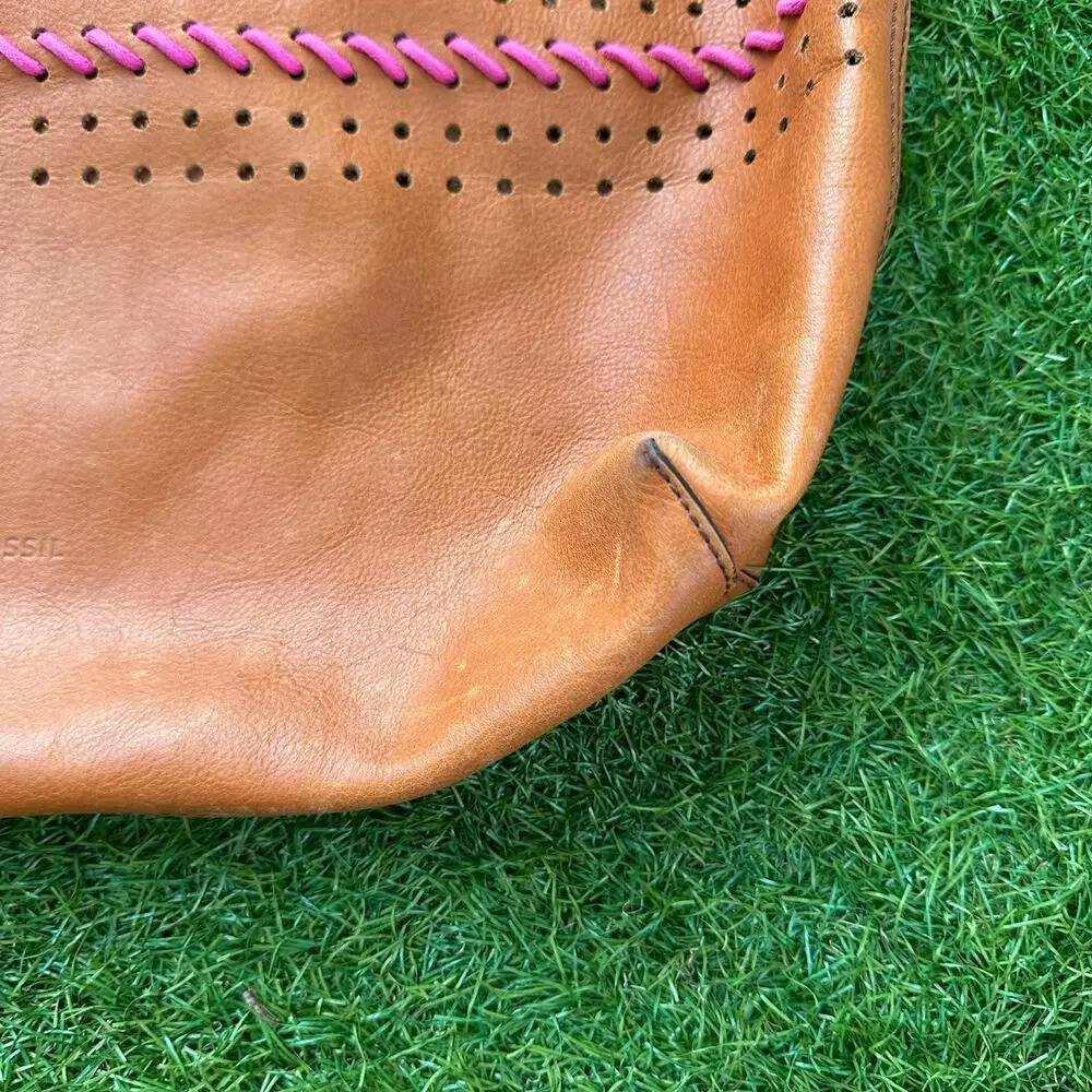 Vintage Fossil Rachel Large Tot Brown Whipstitched Leather Tassels Bag Key Pouch